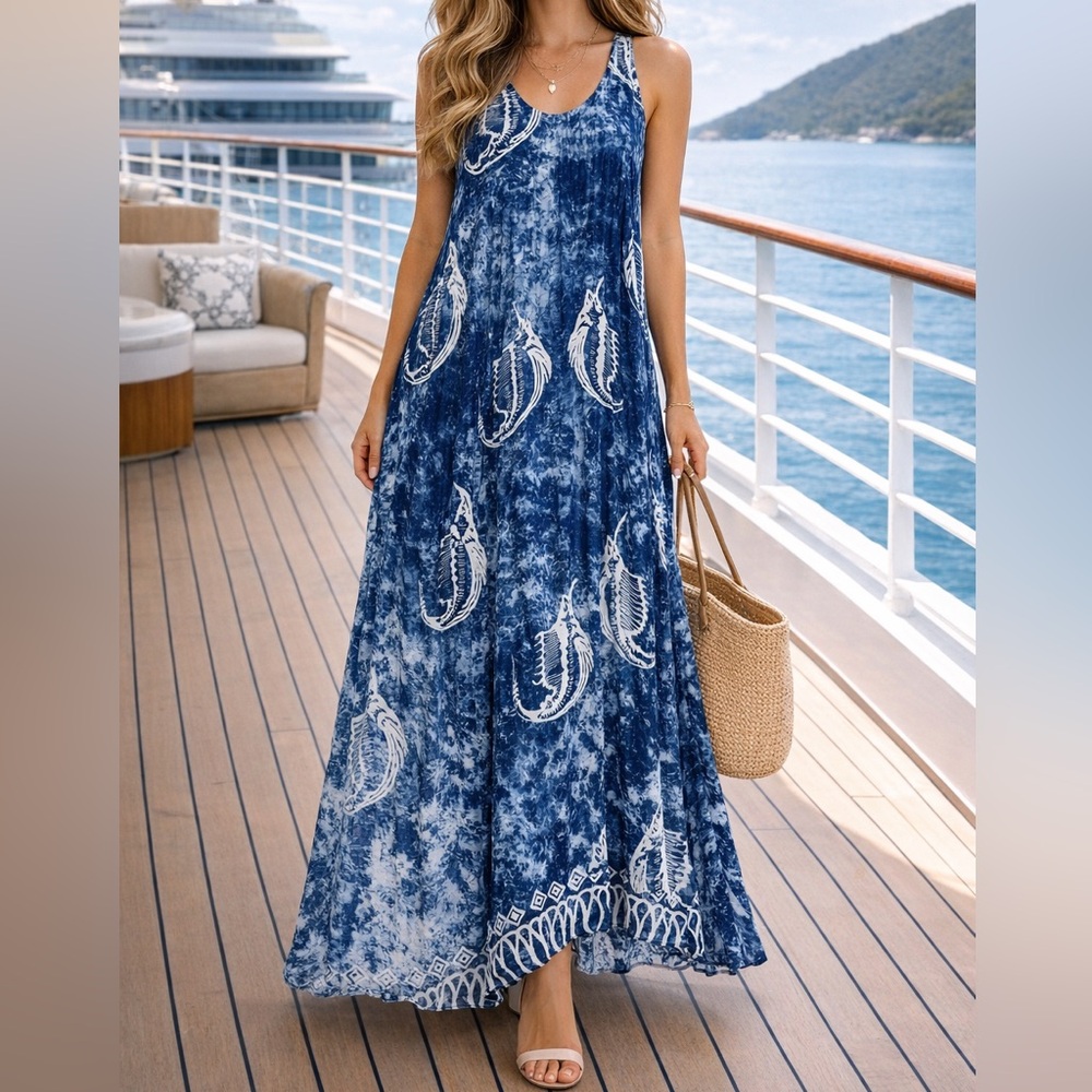 OK Mike Sleeveless Womens One Size High Low Ocean Print Beach Lounge Maxi Dress